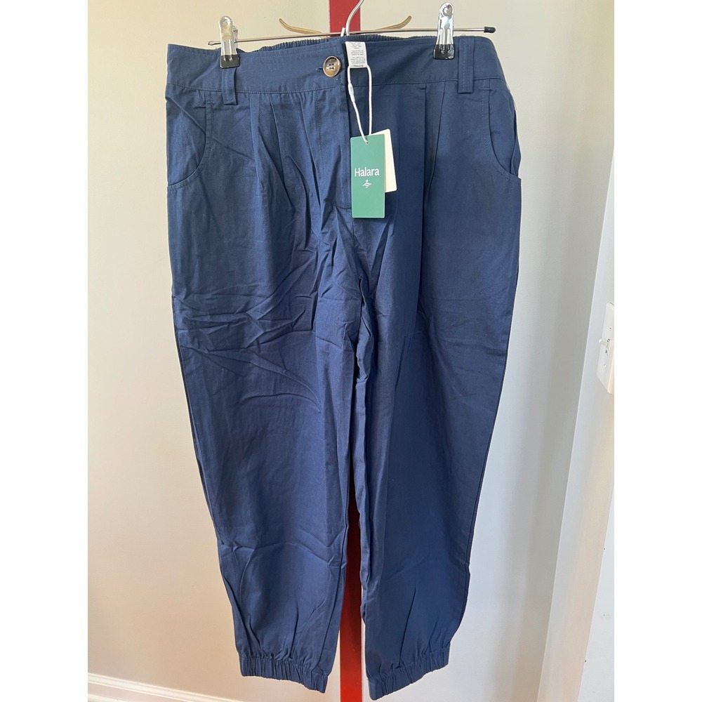 Halara Navy Blue Cotton Pleated High Waisted Jogger Pants Women Large NWT